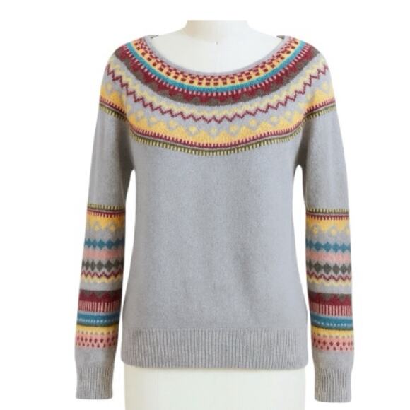 Vintage Sweaters - Vintage Fair Isle Knit Sweater Women’s Large Gray Multicolor Nordic Boat Neck